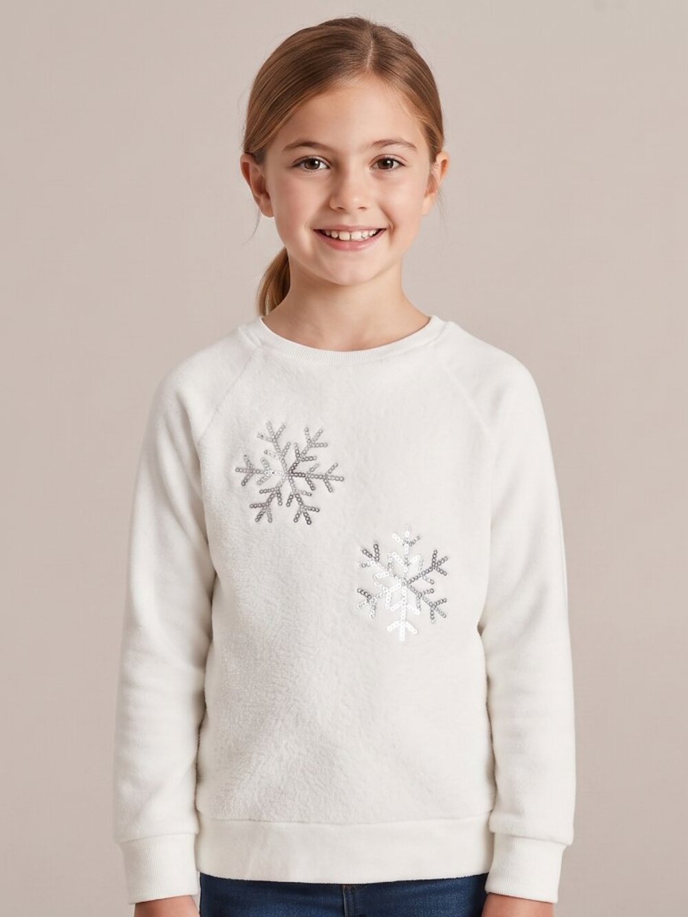 Girls White Sweater with Silver Snowflakes